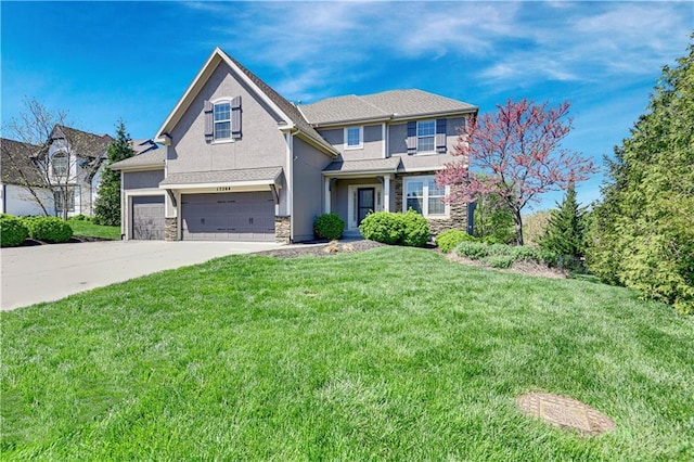 view of front of property with driveway, a garage, a front lawn, stone siding, and stucco siding
