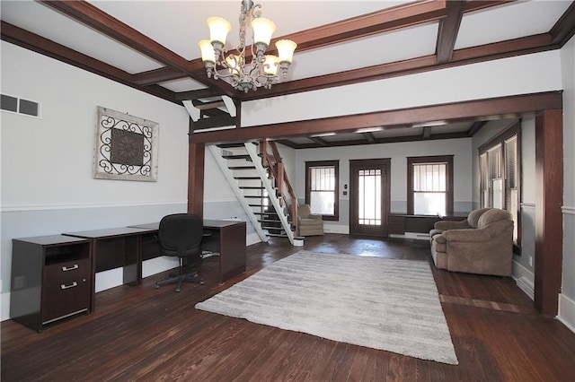 home office featuring beam ceiling, a chandelier, wood finished floors, visible vents, and coffered ceiling