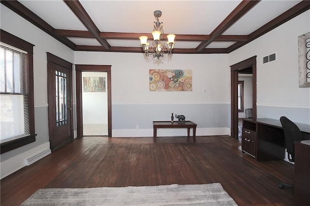 interior space featuring visible vents, coffered ceiling, wood finished floors, and a notable chandelier