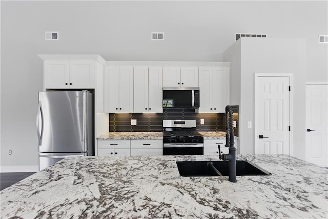 1219 S 36th St, Kansas City, KS 66106 - kitchen with a sink, white cabinets, visible vents, appliances with stainless steel finishes, and tasteful backsplash