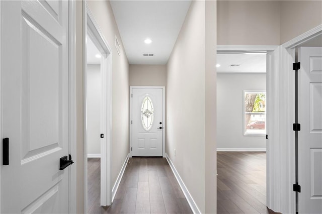 1219 S 36th St, Kansas City, KS 66106 - entryway featuring visible vents, dark wood-style flooring, baseboards, and recessed lighting