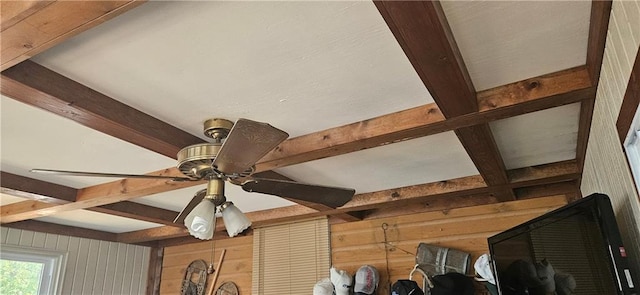 detailed view of beamed ceiling, ceiling fan, and wood walls