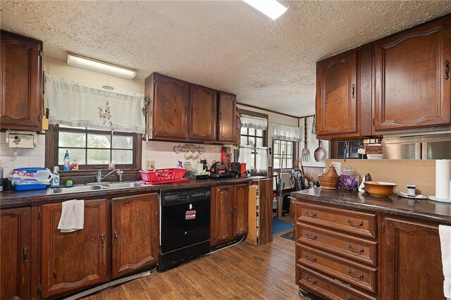 kitchen with black dishwasher, dark countertops, dark wood finished floors, and a sink