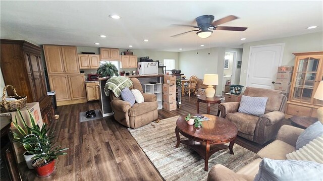 705 Heylman St, Fort Scott, KS 66701 - living area featuring dark wood-style flooring, recessed lighting, and a ceiling fan
