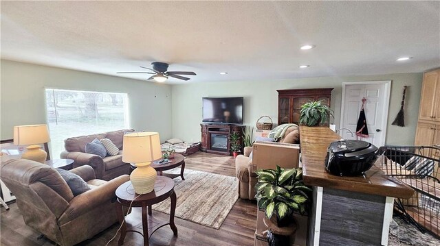705 Heylman St, Fort Scott, KS 66701 - living area with dark wood finished floors, a glass covered fireplace, recessed lighting, and a ceiling fan