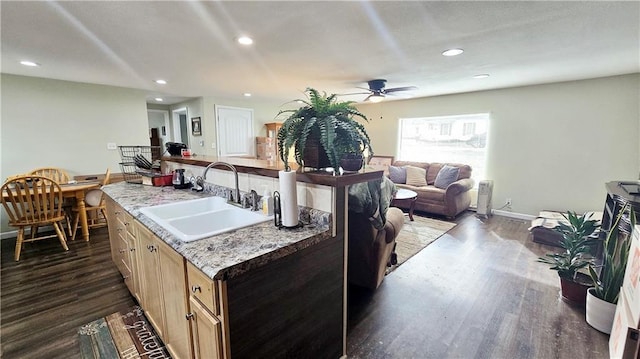 705 Heylman St, Fort Scott, KS 66701 - kitchen featuring a sink, a ceiling fan, dark wood-style floors, baseboards, and recessed lighting