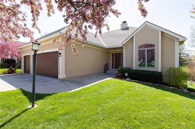 3015 SW 9th Ter, Lees Summit, MO 64081 - ranch-style home with concrete driveway, stucco siding, a chimney, a front lawn, and a garage