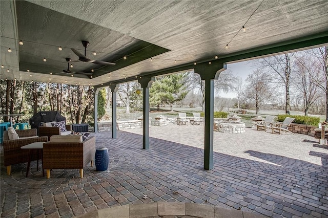 9701 Timber Meadows Dr, Lees Summit, MO 64086 - view of patio featuring a fire pit, a grill, outdoor dining space, and ceiling fan