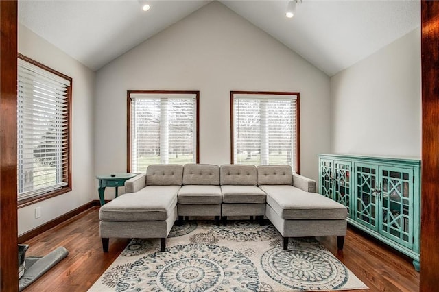 9701 Timber Meadows Dr, Lees Summit, MO 64086 - living area with wood finished floors, lofted ceiling, and baseboards