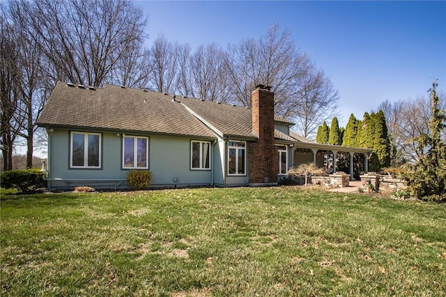 9701 Timber Meadows Dr, Lees Summit, MO 64086 - rear view of house with a chimney, a yard, and a shingled roof