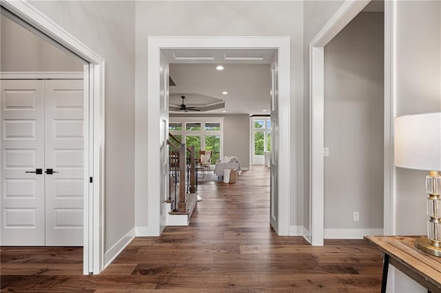 9238 Marion St, Lenexa, KS 66220 - foyer featuring dark wood finished floors, baseboards, ceiling fan, and recessed lighting