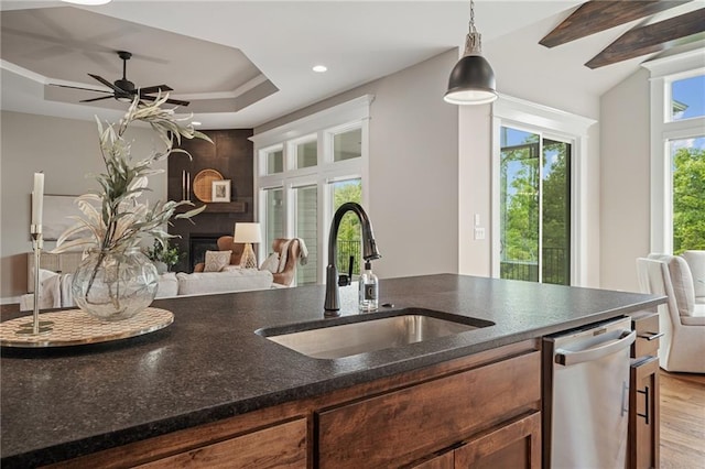 9238 Marion St, Lenexa, KS 66220 - kitchen with a sink, stainless steel dishwasher, light wood-style floors, hanging light fixtures, and a large fireplace