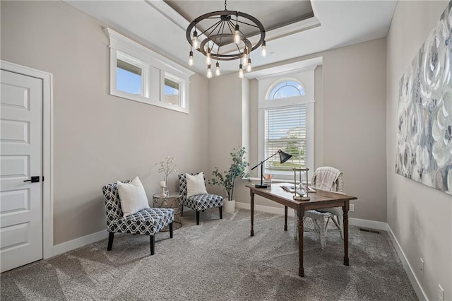 9238 Marion St, Lenexa, KS 66220 - home office with plenty of natural light, carpet floors, a chandelier, and baseboards