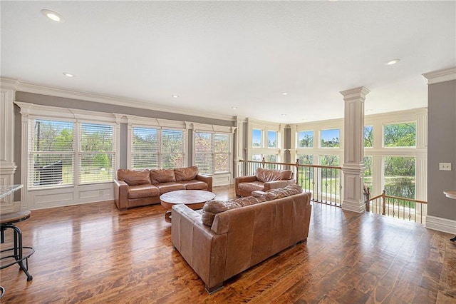 15511 Salem Rd, Excelsior Springs, MO 64024 - living area with ornate columns, plenty of natural light, crown molding, and wood finished floors