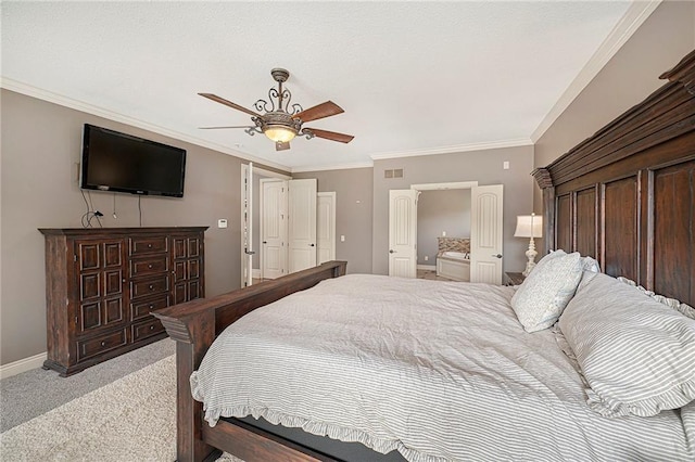 15511 Salem Rd, Excelsior Springs, MO 64024 - bedroom with light colored carpet, baseboards, crown molding, and ceiling fan