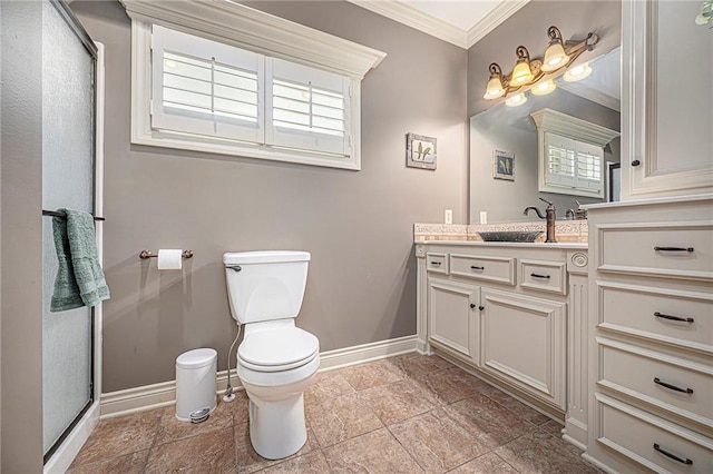 15511 Salem Rd, Excelsior Springs, MO 64024 - bathroom with crown molding, baseboards, vanity, toilet, and stone finish flooring