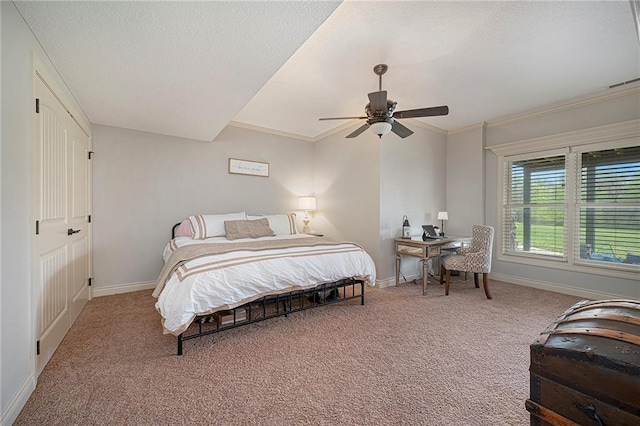 15511 Salem Rd, Excelsior Springs, MO 64024 - bedroom with carpet flooring, baseboards, a ceiling fan, ornamental molding, and a textured ceiling