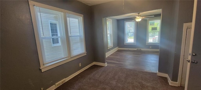 224 Spruce St, Leavenworth, KS 66048 - empty room with carpet flooring, baseboards, visible vents, and a ceiling fan