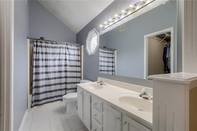 bathroom featuring toilet, a textured ceiling, a sink, and lofted ceiling