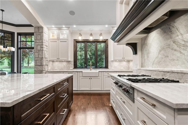 10408 Howe Ln, Leawood, KS 66206 - kitchen featuring crown molding, white cabinetry, light stone counters, a sink, and backsplash