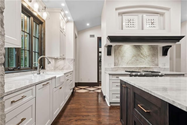 10408 Howe Ln, Leawood, KS 66206 - kitchen featuring visible vents, light stone countertops, white cabinetry, tasteful backsplash, and dark wood finished floors