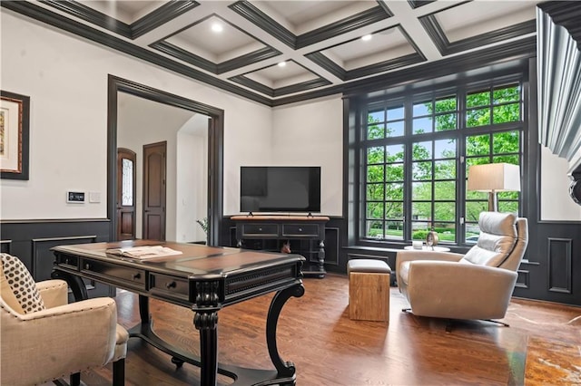 10408 Howe Ln, Leawood, KS 66206 - office space featuring ornamental molding, wood finished floors, beamed ceiling, a wainscoted wall, and coffered ceiling