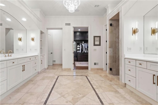 10408 Howe Ln, Leawood, KS 66206 - full bath with visible vents, a stall shower, vanity, baseboards, and ornamental molding