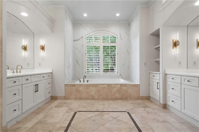 10408 Howe Ln, Leawood, KS 66206 - bathroom with a relaxing tiled tub, vanity, baseboards, ornamental molding, and recessed lighting
