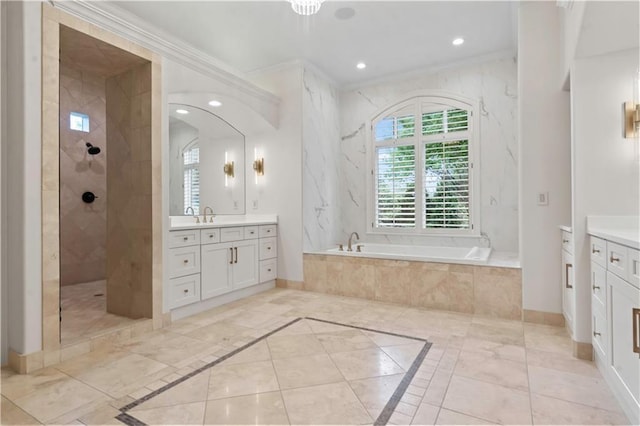 10408 Howe Ln, Leawood, KS 66206 - bathroom with walk in shower, vanity, recessed lighting, ornamental molding, and a garden tub