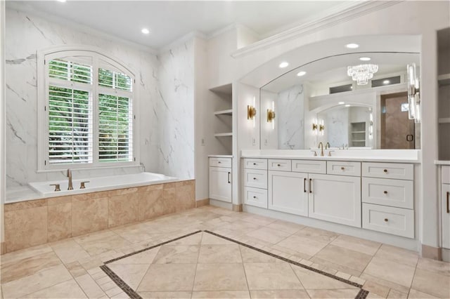 10408 Howe Ln, Leawood, KS 66206 - bathroom with a bath, vanity, a chandelier, ornamental molding, and recessed lighting