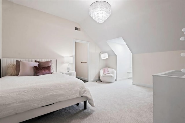 10408 Howe Ln, Leawood, KS 66206 - carpeted bedroom featuring baseboards, visible vents, a notable chandelier, and lofted ceiling