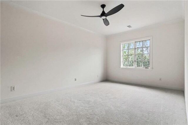 10408 Howe Ln, Leawood, KS 66206 - empty room featuring visible vents, ornamental molding, baseboards, ceiling fan, and carpet flooring