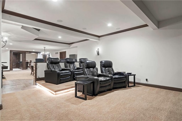 10408 Howe Ln, Leawood, KS 66206 - home theater with ornamental molding, beamed ceiling, baseboards, recessed lighting, and a chandelier