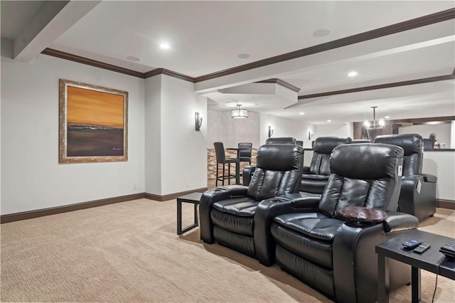 10408 Howe Ln, Leawood, KS 66206 - carpeted cinema room with ornamental molding, beamed ceiling, baseboards, recessed lighting, and a chandelier