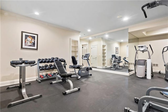 10408 Howe Ln, Leawood, KS 66206 - exercise room featuring baseboards, ornamental molding, recessed lighting, and visible vents