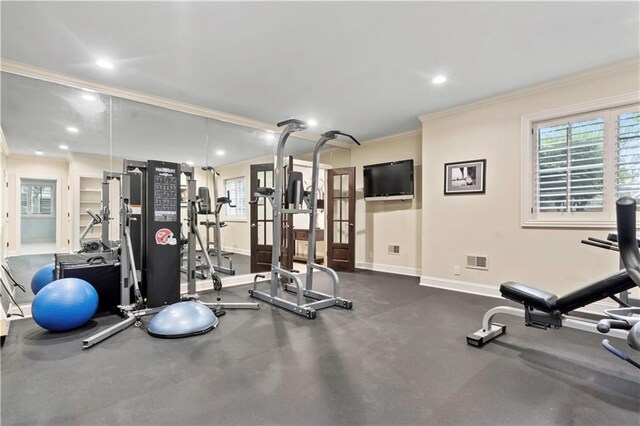 10408 Howe Ln, Leawood, KS 66206 - workout area with crown molding, baseboards, plenty of natural light, and recessed lighting