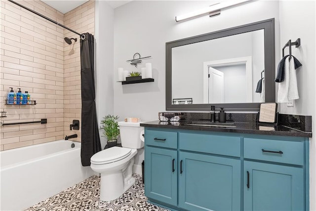 bathroom with vanity, toilet, shower / bathtub combination with curtain, and tile patterned flooring