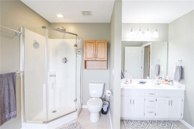 4373 Hackberry Ln, Bates City, MO 64011 - bathroom with a stall shower, toilet, double vanity, tile patterned floors, and baseboards