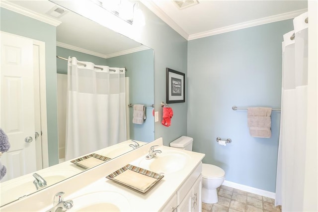 4373 Hackberry Ln, Bates City, MO 64011 - full bathroom with toilet, crown molding, baseboards, double vanity, and a shower with shower curtain