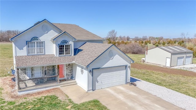 4373 Hackberry Ln, Bates City, MO 64011 - traditional home featuring covered porch, an attached garage, driveway, a front yard, and stone siding