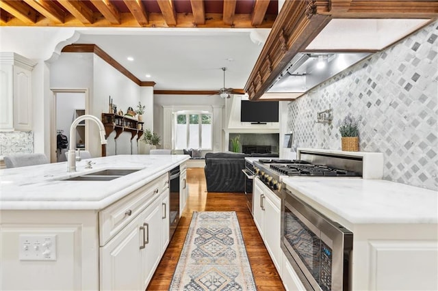 kitchen featuring a fireplace, a sink, dark wood-style floors, stainless steel appliances, and white cabinetry