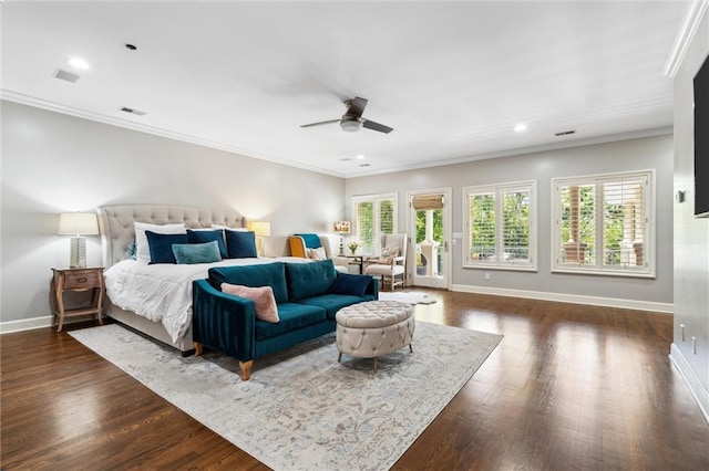 bedroom featuring baseboards, recessed lighting, dark wood finished floors, and crown molding