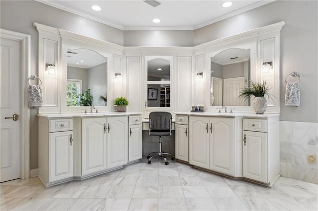 full bathroom featuring crown molding, two vanities, a sink, marble finish floor, and recessed lighting