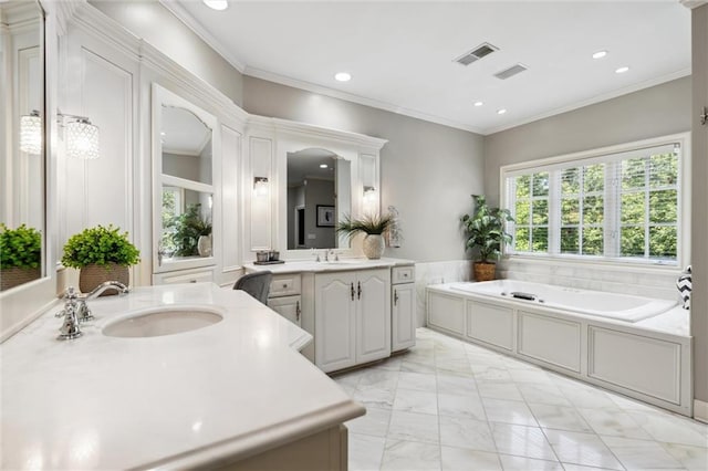 bathroom featuring visible vents, a sink, marble finish floor, and recessed lighting