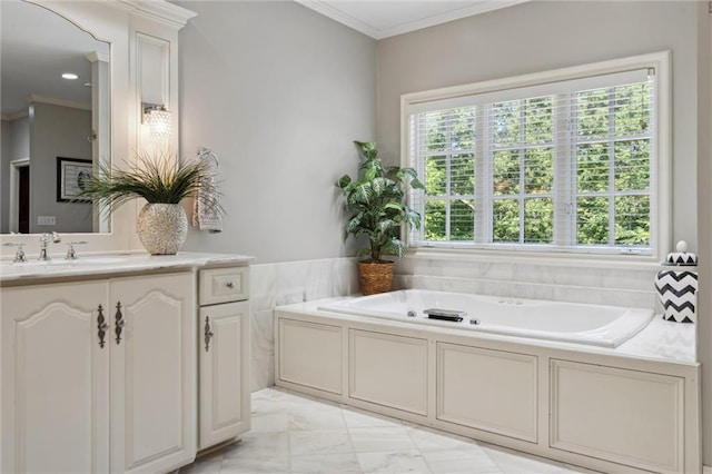 full bathroom featuring crown molding, marble finish floor, a bath, and vanity