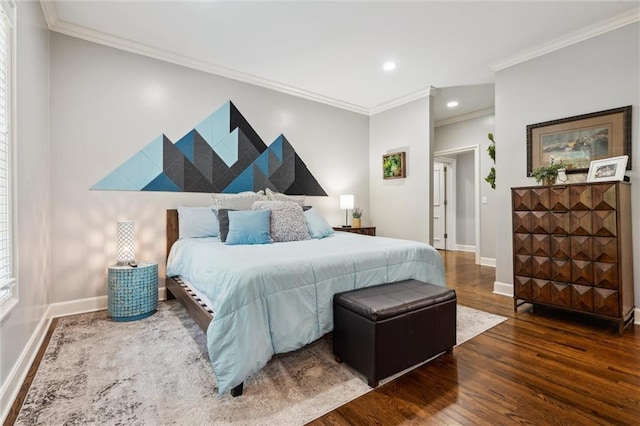 bedroom featuring recessed lighting, baseboards, ornamental molding, and wood finished floors