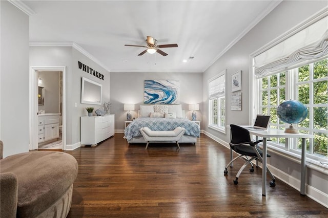 bedroom with ensuite bath, crown molding, baseboards, recessed lighting, and dark wood-type flooring