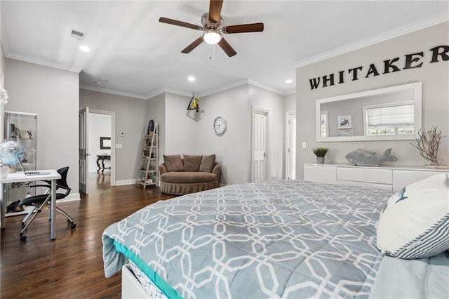 bedroom featuring visible vents, recessed lighting, dark wood-type flooring, and ornamental molding