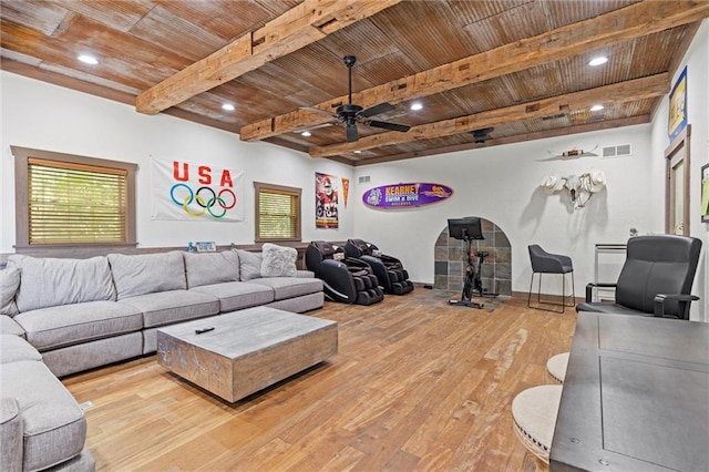 living area featuring wood ceiling, beam ceiling, a ceiling fan, and hardwood / wood-style floors