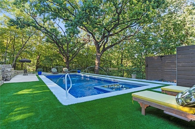 view of pool featuring a yard, a fenced in pool, a fenced backyard, and a patio area